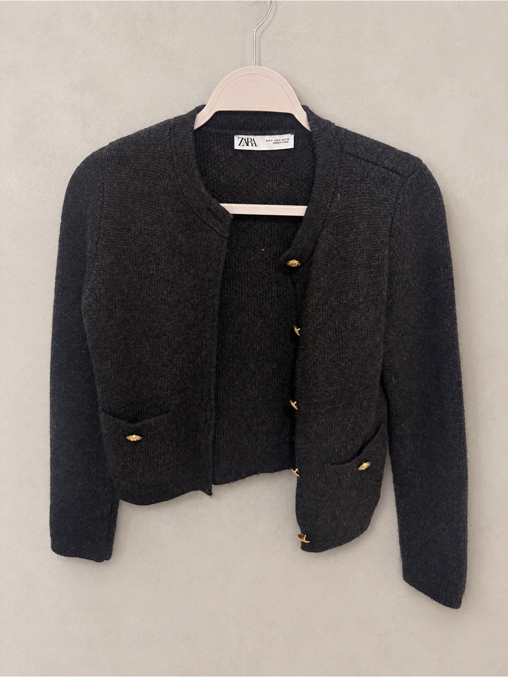 ZARA Black Knit Cropped Jacket with Gold Buttons